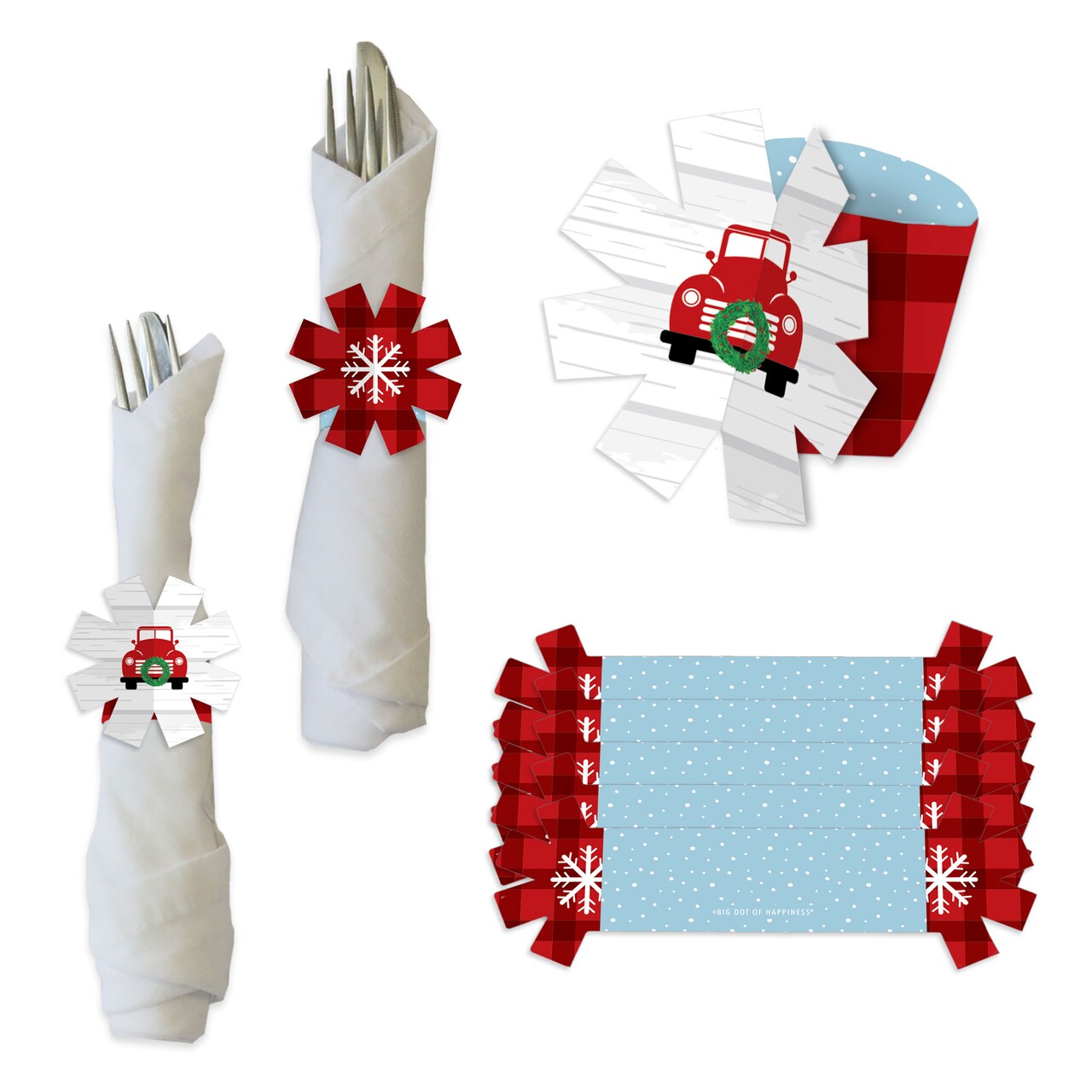 Big Dot of Happiness Merry Little Christmas Tree - Red Truck Christmas Party Paper Napkin Holder - Napkin Rings - Set of 24
